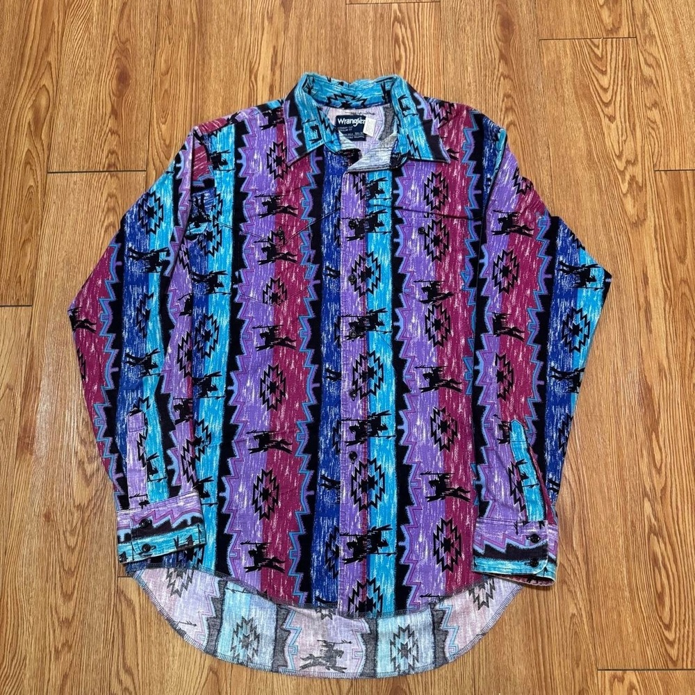 Wrangler Brushpopper Men's Button Up Shirt Large Aztec Multicolor 90s Vintage